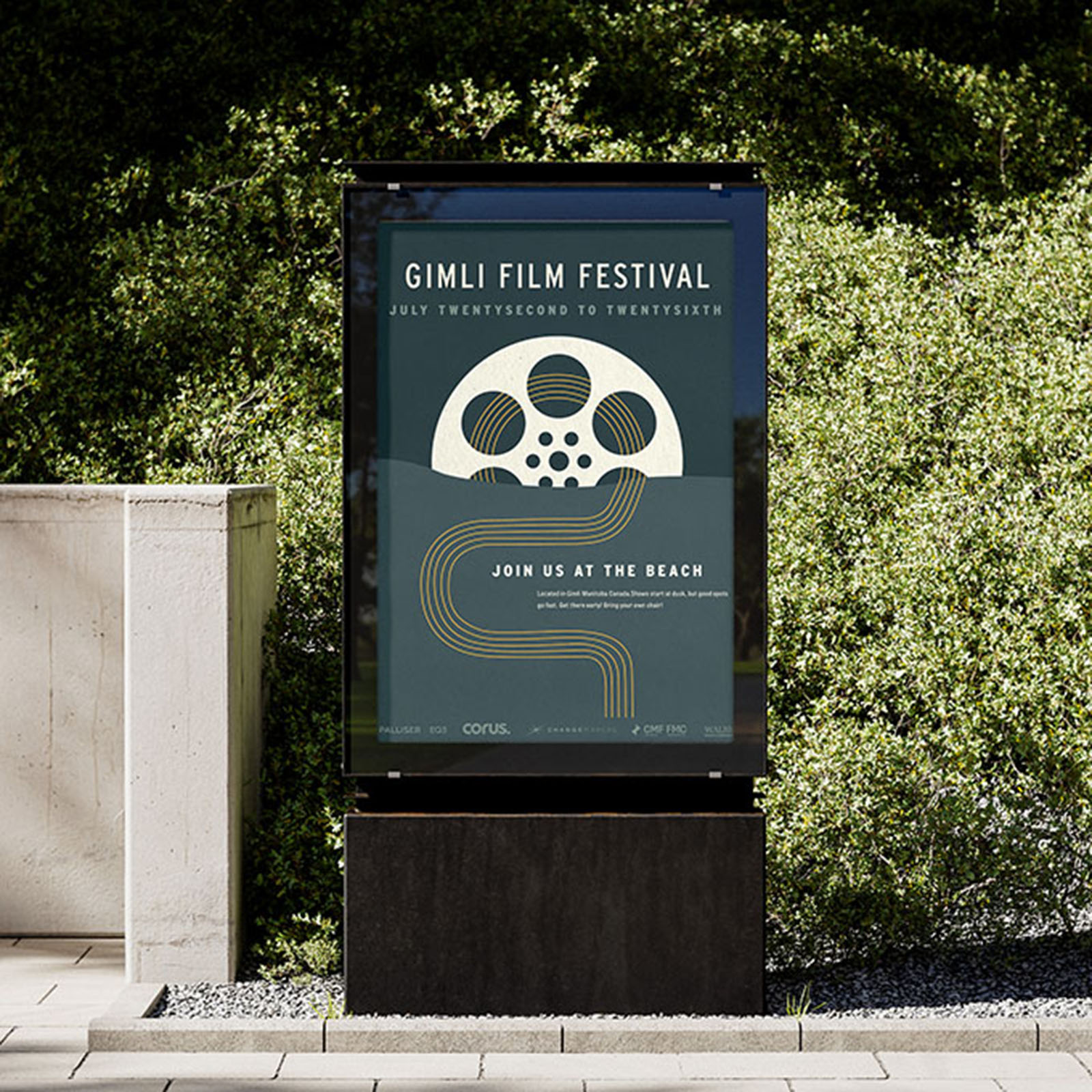 Poster for Gimli Film Festival in an outdoor advertising stand