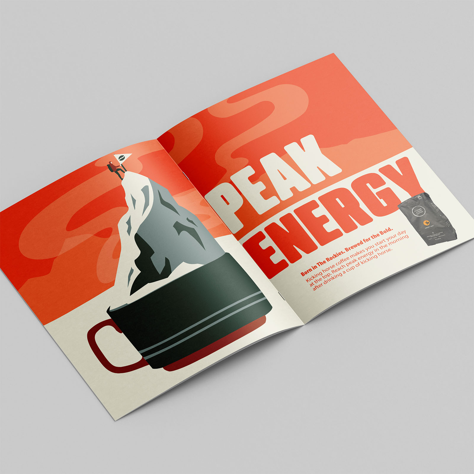 Magazine Ad for Kicking Horse Coffee with the Headline Peak Energy and illustration of a mountain peak in a coffee mug